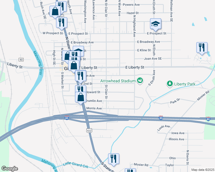 map of restaurants, bars, coffee shops, grocery stores, and more near 214 East 2nd Street in Girard