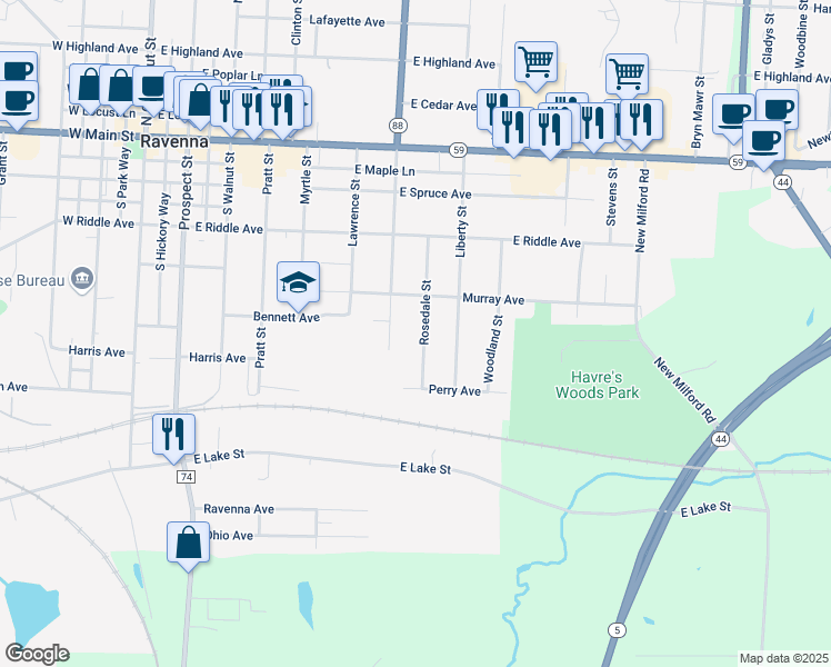 map of restaurants, bars, coffee shops, grocery stores, and more near 444 Rosedale Street in Ravenna