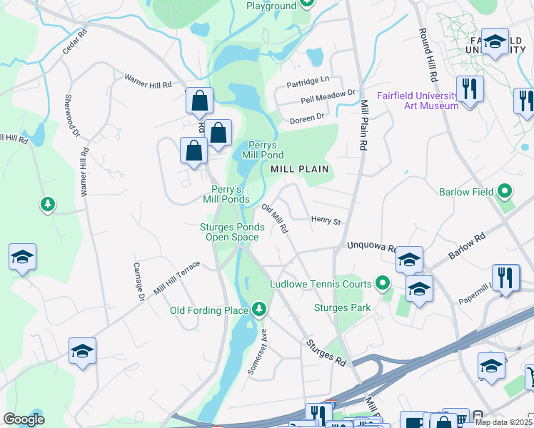 map of restaurants, bars, coffee shops, grocery stores, and more near 315 Henry Street in Fairfield