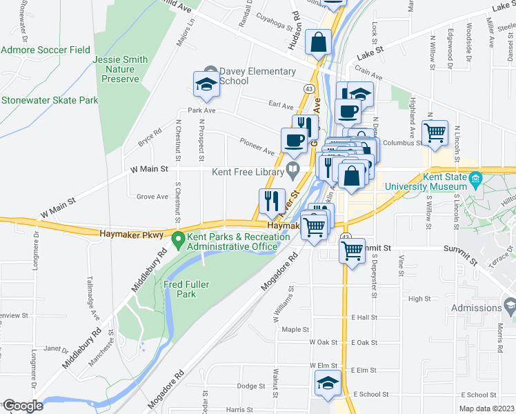 map of restaurants, bars, coffee shops, grocery stores, and more near 210 South Mantua Street in Kent