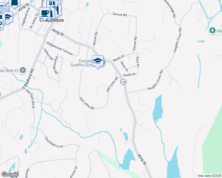 map of restaurants, bars, coffee shops, grocery stores, and more near 123 Old Lyme Road in Chappaqua