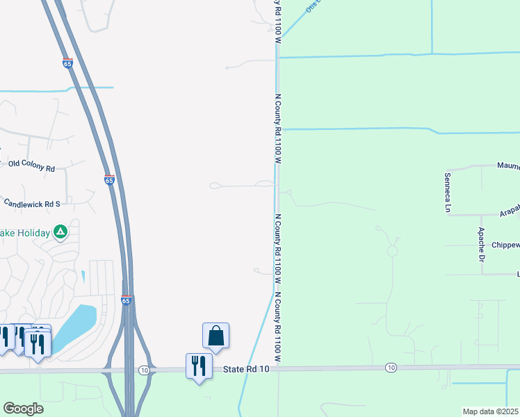 map of restaurants, bars, coffee shops, grocery stores, and more near 9520 North County Road 1100 West in De Motte