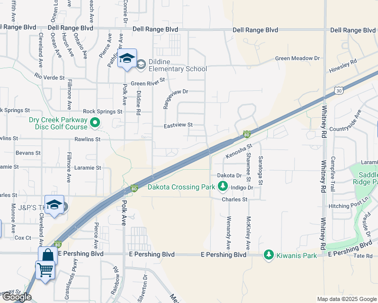 map of restaurants, bars, coffee shops, grocery stores, and more near 5409 Imperial Court in Cheyenne