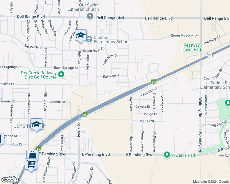 map of restaurants, bars, coffee shops, grocery stores, and more near 5400 Carter Road in Cheyenne