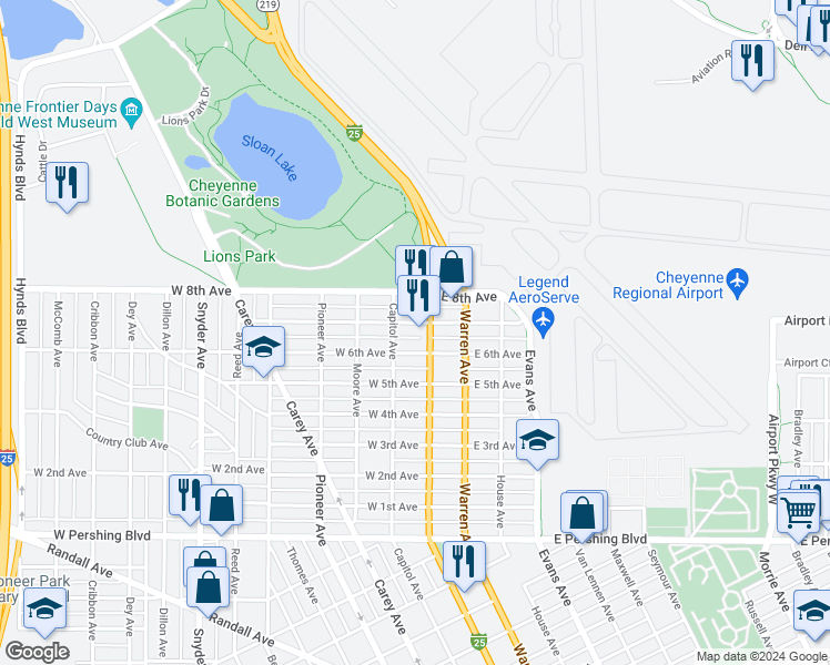 map of restaurants, bars, coffee shops, grocery stores, and more near 4000 Central Avenue in Cheyenne