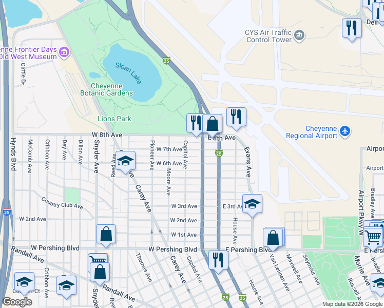 map of restaurants, bars, coffee shops, grocery stores, and more near 4000 Central Avenue in Cheyenne