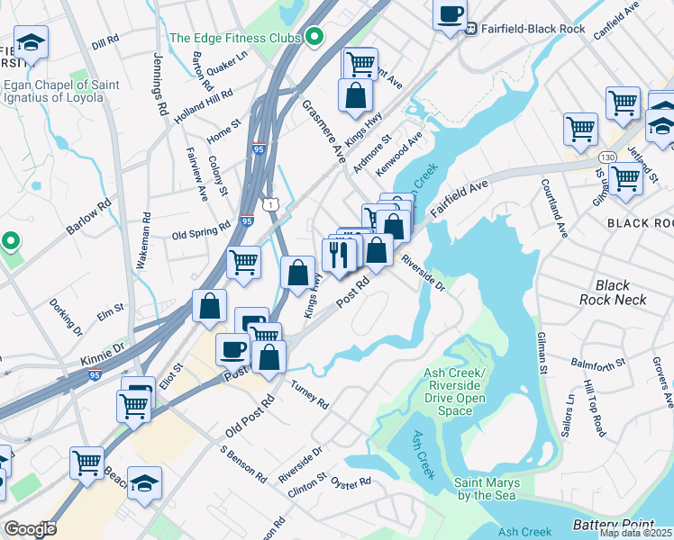 map of restaurants, bars, coffee shops, grocery stores, and more near 2161 Kings Highway in Fairfield
