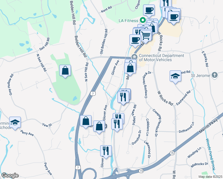 map of restaurants, bars, coffee shops, grocery stores, and more near 150 Glover Avenue in Norwalk