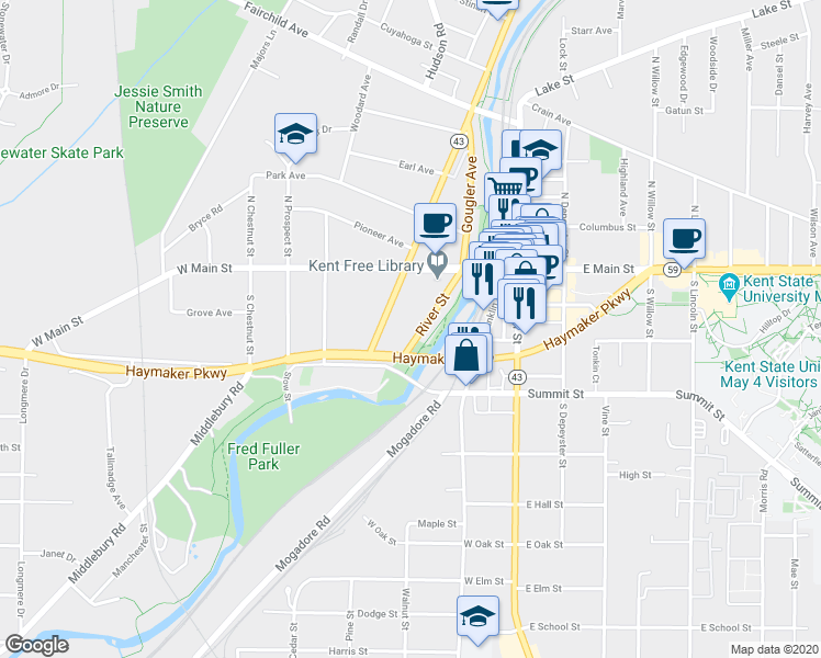 map of restaurants, bars, coffee shops, grocery stores, and more near 141 South Mantua Street in Kent
