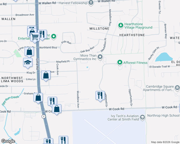 map of restaurants, bars, coffee shops, grocery stores, and more near 1120 Ashley Avenue in Fort Wayne