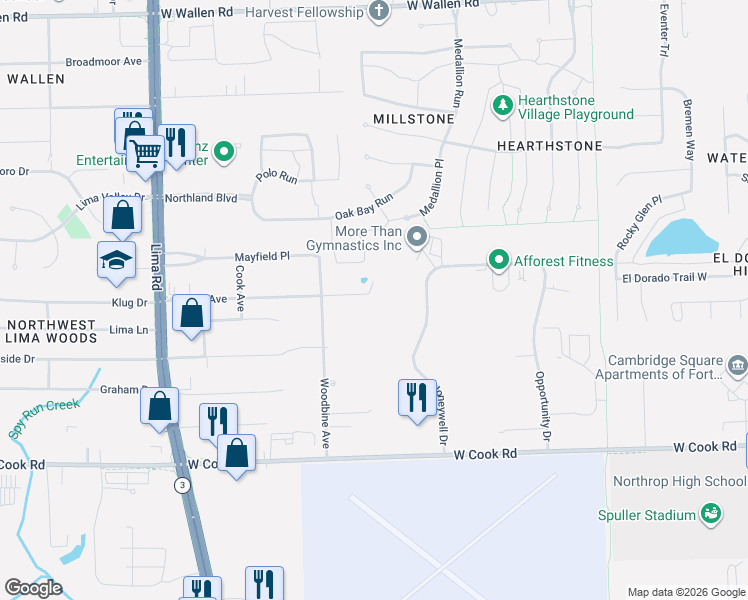 map of restaurants, bars, coffee shops, grocery stores, and more near 1120 Ashley Avenue in Fort Wayne