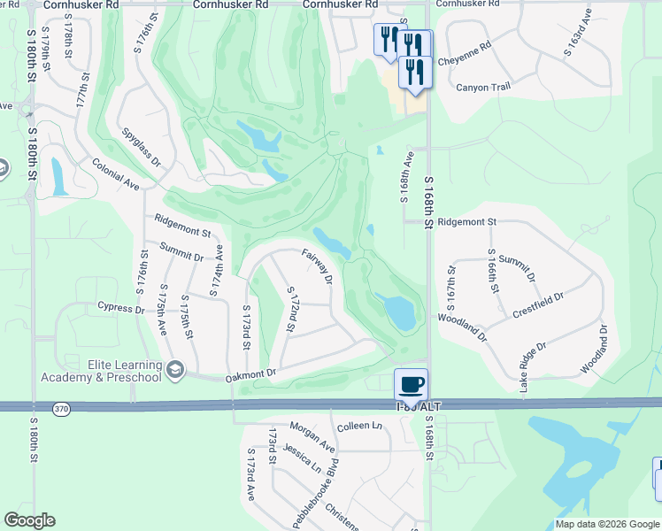 map of restaurants, bars, coffee shops, grocery stores, and more near 10813 Fairway Drive in Omaha