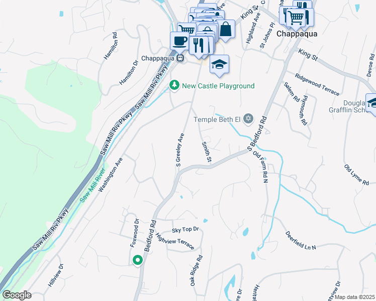 map of restaurants, bars, coffee shops, grocery stores, and more near 233 South Greeley Avenue in Chappaqua