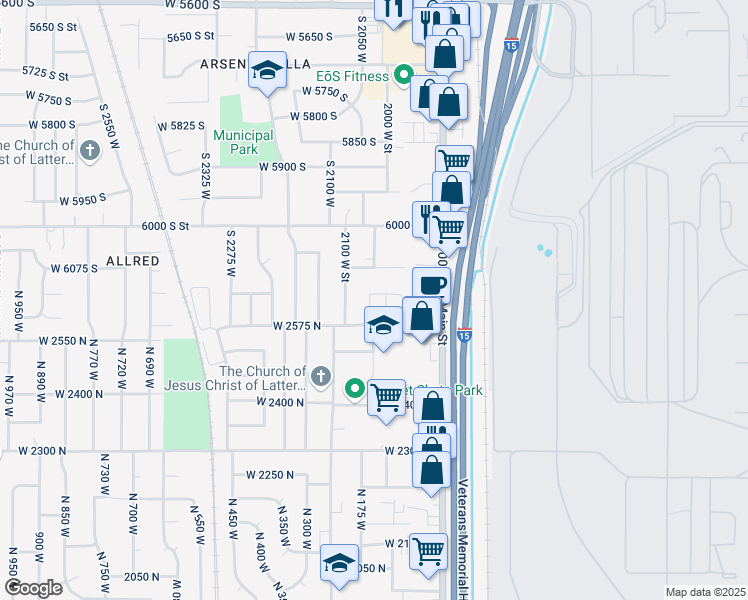 map of restaurants, bars, coffee shops, grocery stores, and more near 2622 North 175 West in Sunset