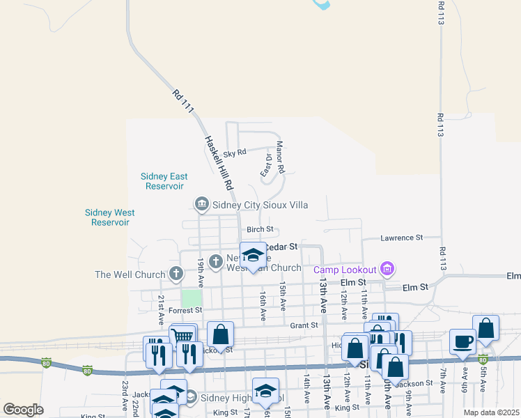 map of restaurants, bars, coffee shops, grocery stores, and more near 1600 Ash Street in Sidney
