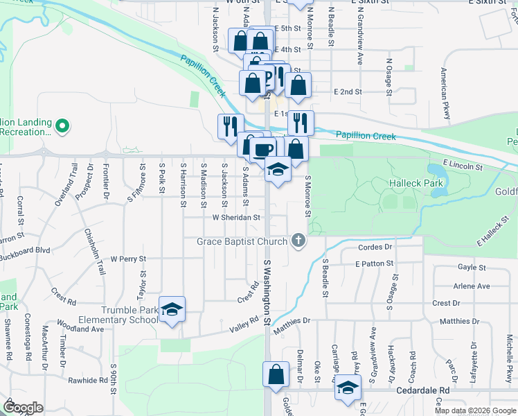 map of restaurants, bars, coffee shops, grocery stores, and more near 105 West Sherman Street in Papillion