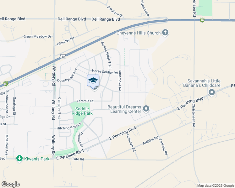 map of restaurants, bars, coffee shops, grocery stores, and more near 3650 Gunsmoke Road in Cheyenne