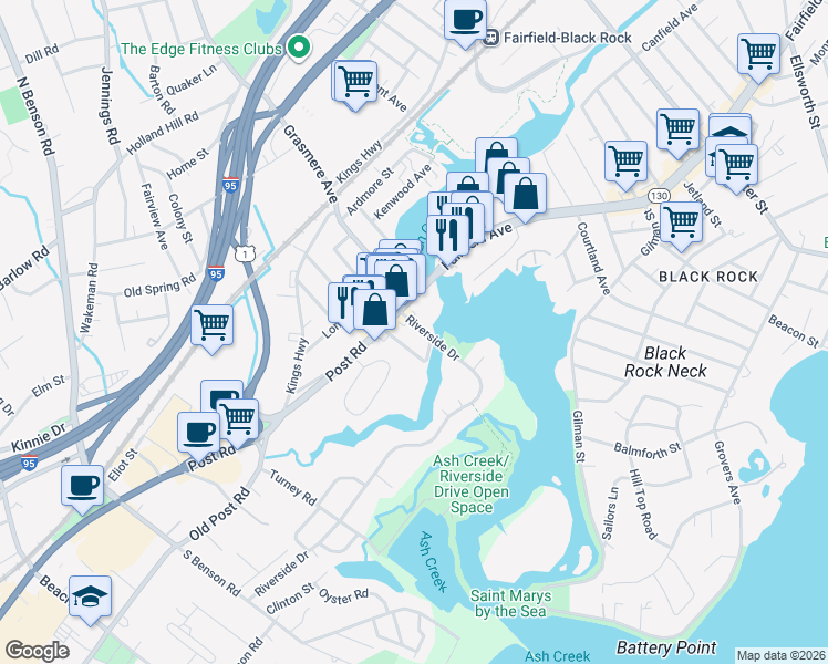 map of restaurants, bars, coffee shops, grocery stores, and more near 45 Riverside Drive in Fairfield