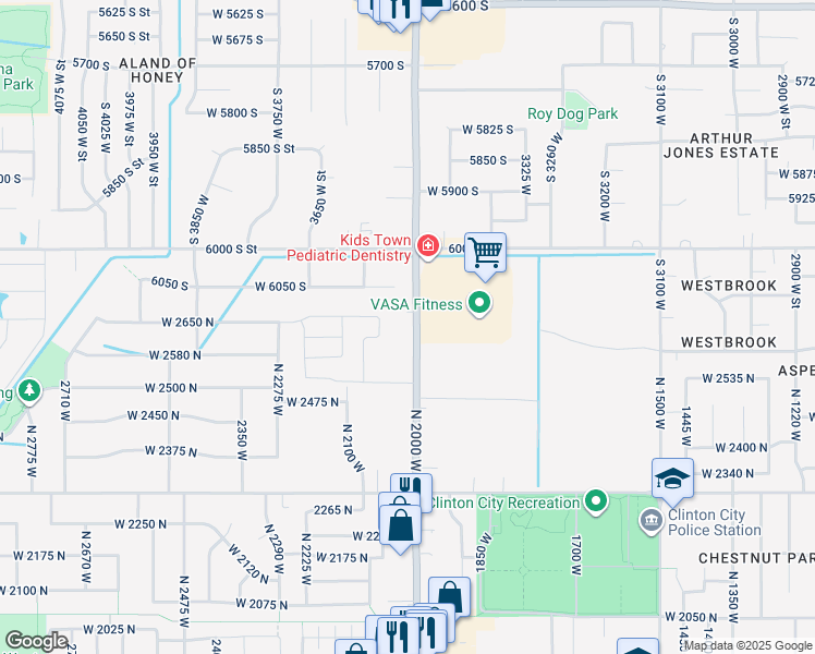 map of restaurants, bars, coffee shops, grocery stores, and more near 2647 North 2000 West in Clinton