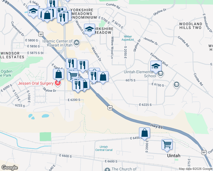 map of restaurants, bars, coffee shops, grocery stores, and more near 1885 Skyline Drive in South Ogden