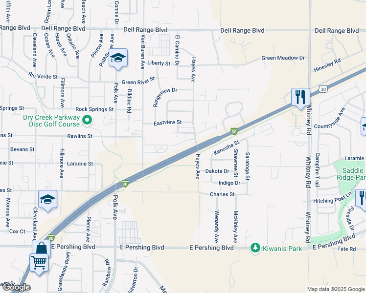 map of restaurants, bars, coffee shops, grocery stores, and more near 5409 Imperial Court in Cheyenne