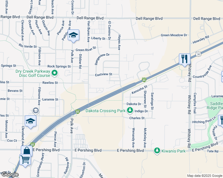 map of restaurants, bars, coffee shops, grocery stores, and more near 5409 Imperial Court in Cheyenne