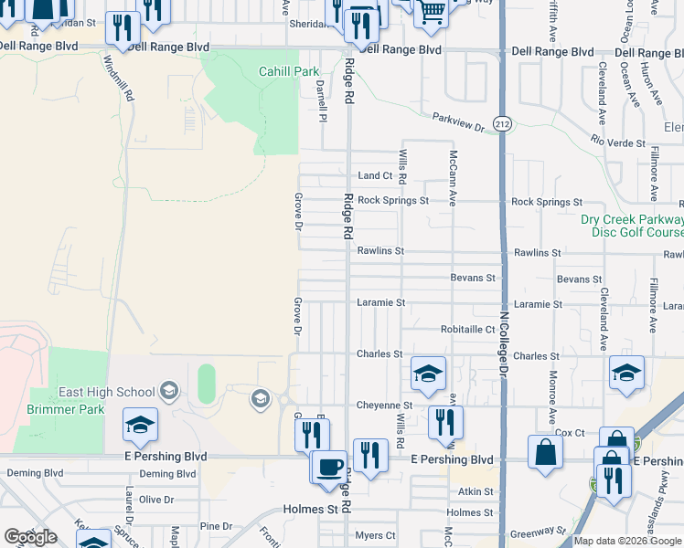 map of restaurants, bars, coffee shops, grocery stores, and more near 3320 Bevans Street in Cheyenne