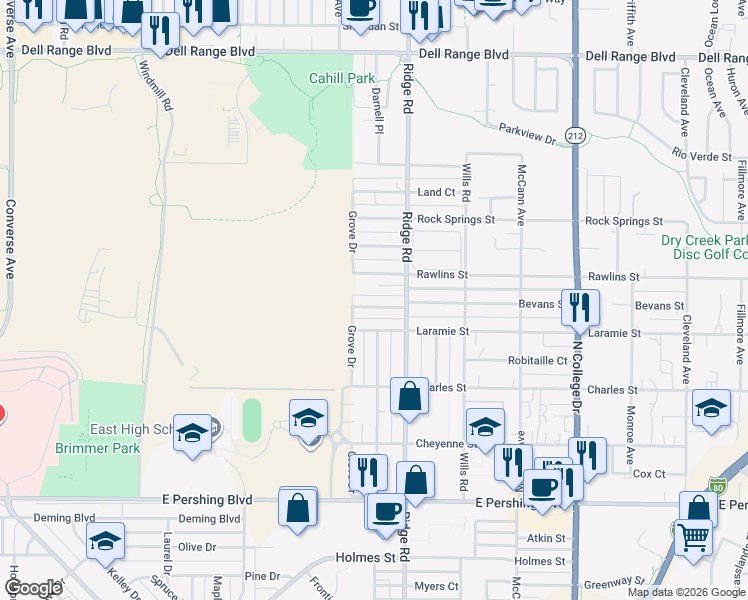 map of restaurants, bars, coffee shops, grocery stores, and more near 3707 Grove Dr in Cheyenne