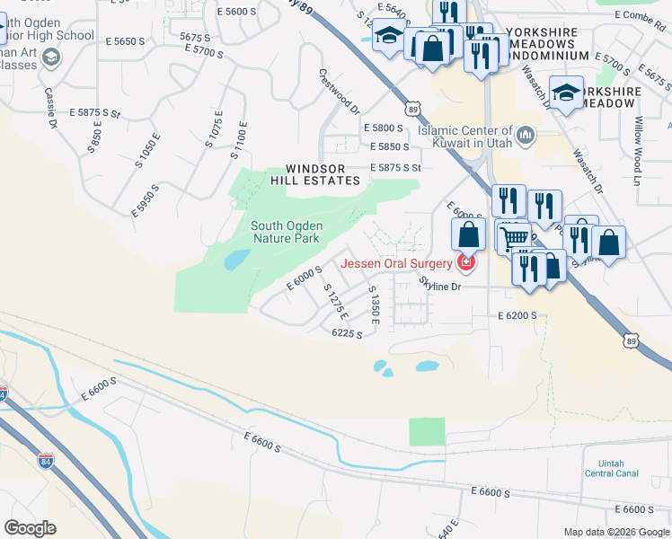 map of restaurants, bars, coffee shops, grocery stores, and more near 6047 1350 East in South Ogden