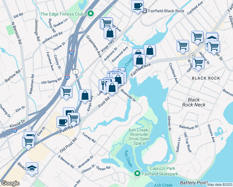 map of restaurants, bars, coffee shops, grocery stores, and more near 122 Post Road in Fairfield