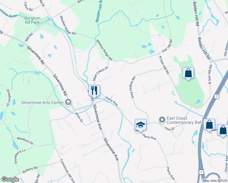 map of restaurants, bars, coffee shops, grocery stores, and more near 6 Old Kings Highway in Norwalk
