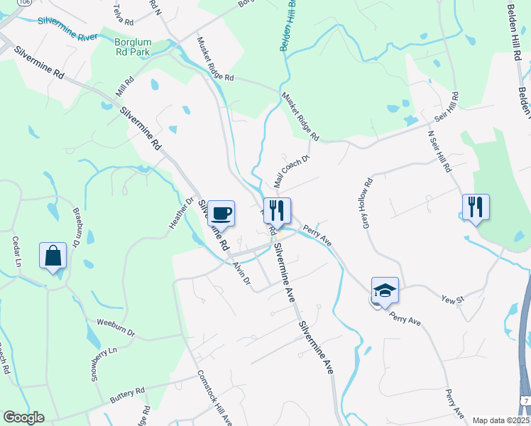 map of restaurants, bars, coffee shops, grocery stores, and more near 9 River Road in Norwalk