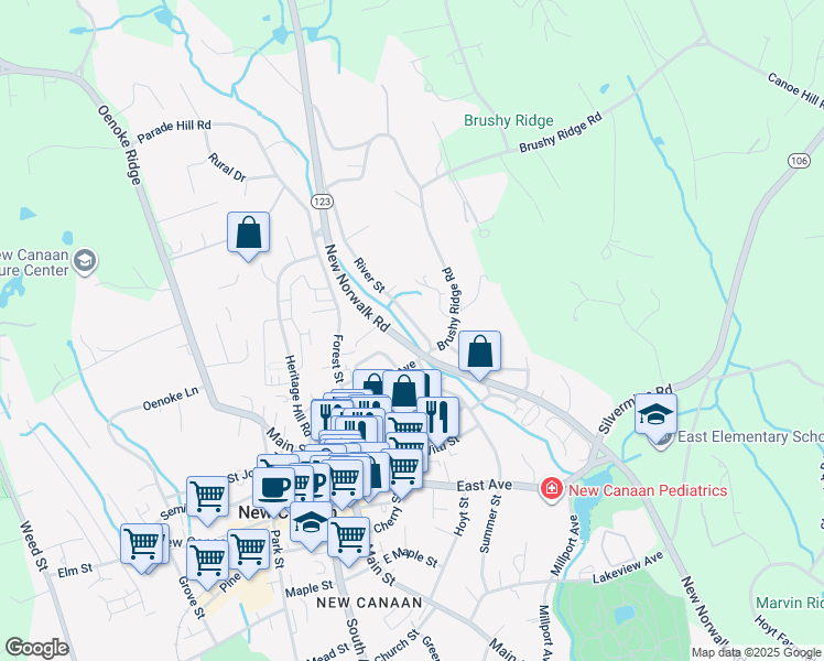 map of restaurants, bars, coffee shops, grocery stores, and more near 23 River Street in New Canaan