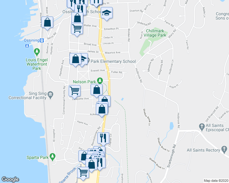 map of restaurants, bars, coffee shops, grocery stores, and more near 111 South Highland Avenue in Ossining