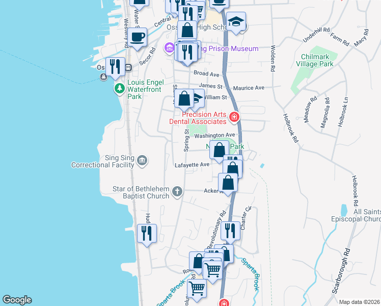 map of restaurants, bars, coffee shops, grocery stores, and more near 232 Spring Street in Ossining
