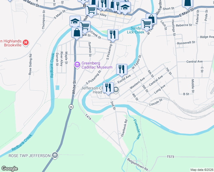 map of restaurants, bars, coffee shops, grocery stores, and more near 130-142 Mabon Street in Brookville