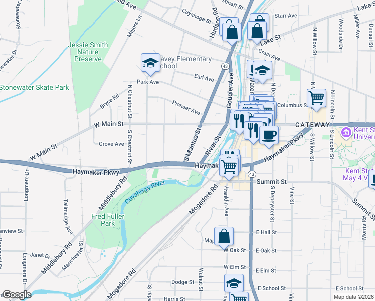 map of restaurants, bars, coffee shops, grocery stores, and more near 141 South Mantua Street in Kent