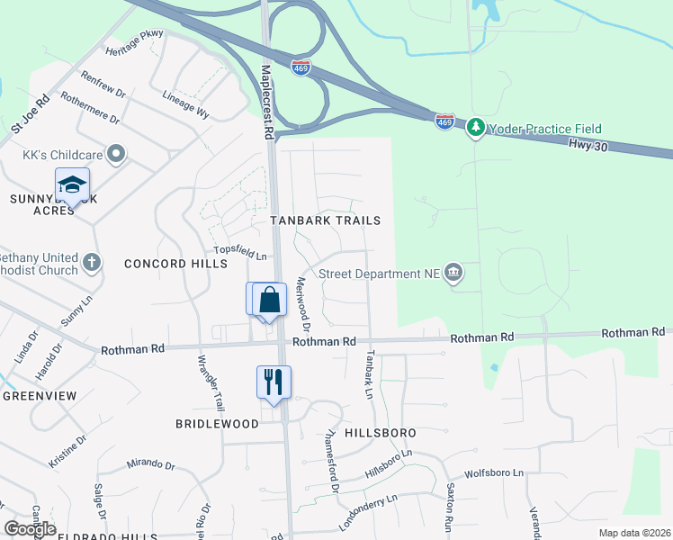 map of restaurants, bars, coffee shops, grocery stores, and more near 6420 Woodthrush Dr in Fort Wayne