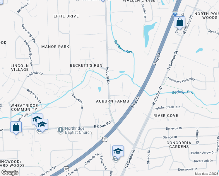 map of restaurants, bars, coffee shops, grocery stores, and more near 1909 Falcon Hill Place in Fort Wayne