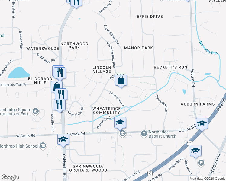 map of restaurants, bars, coffee shops, grocery stores, and more near 8011 Spruce Creek Place in Fort Wayne