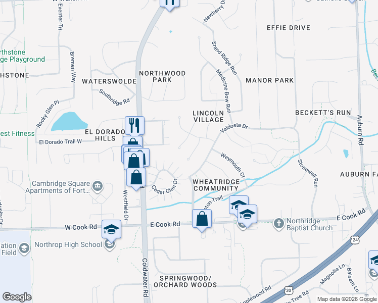 map of restaurants, bars, coffee shops, grocery stores, and more near 7915 Hidden Hills Pl in Fort Wayne