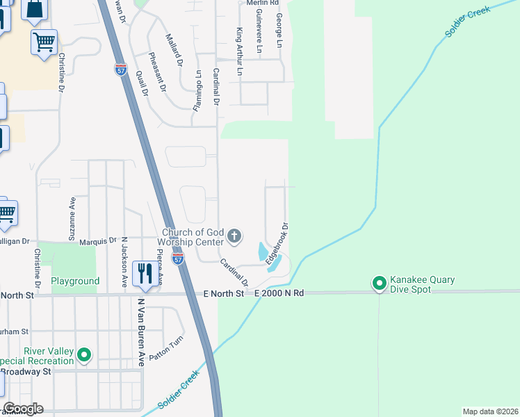 map of restaurants, bars, coffee shops, grocery stores, and more near 477 Prince Valiant Lane in Bourbonnais
