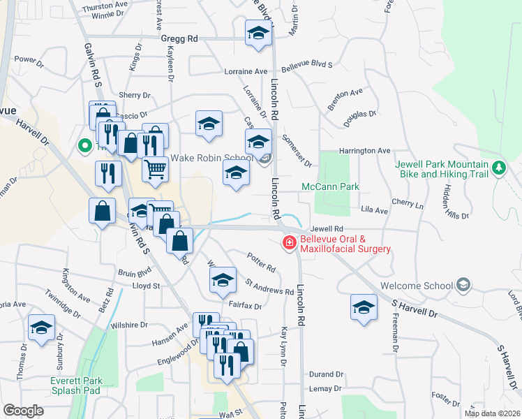 map of restaurants, bars, coffee shops, grocery stores, and more near 824 Lincoln Road in Bellevue
