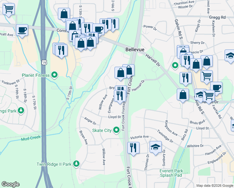 map of restaurants, bars, coffee shops, grocery stores, and more near 812 Fort Crook Road South in Bellevue