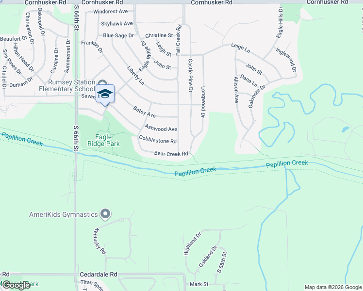 map of restaurants, bars, coffee shops, grocery stores, and more near 123 Fall Creek Road South in Papillion