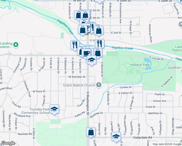 map of restaurants, bars, coffee shops, grocery stores, and more near 516 South Jefferson Street in Papillion