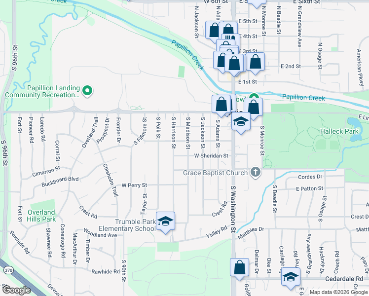map of restaurants, bars, coffee shops, grocery stores, and more near 503 South Madison Street in Papillion