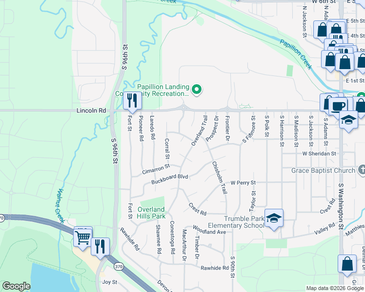 map of restaurants, bars, coffee shops, grocery stores, and more near 1117 Sherman Street in Papillion