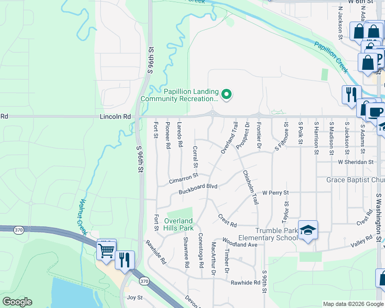 map of restaurants, bars, coffee shops, grocery stores, and more near 406 Corral Street in Papillion