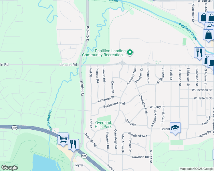 map of restaurants, bars, coffee shops, grocery stores, and more near 406 Corral Street in Papillion